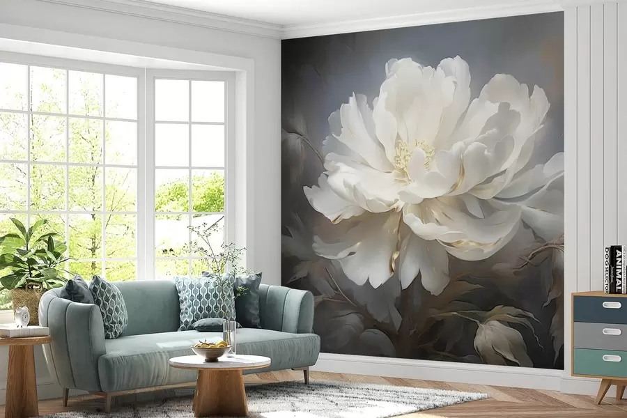 wall murals Large white abstract flower on a dark background w08859