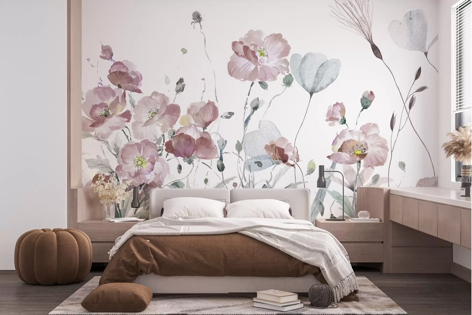 wall murals A Watercolor Dance of Flowers on a White Canvas w03256