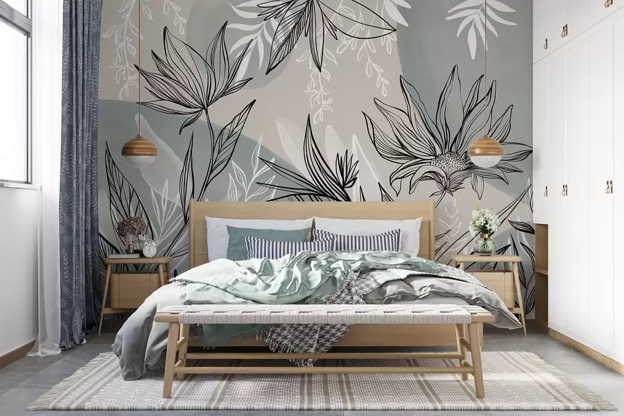 wall murals Floral line art with large leaves and flowers, against a background of beige and blue watercolor washes  w08865