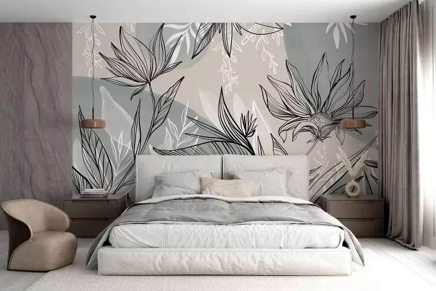 wall murals Floral line art with large leaves and flowers, against a background of beige and blue watercolor washes  w08865