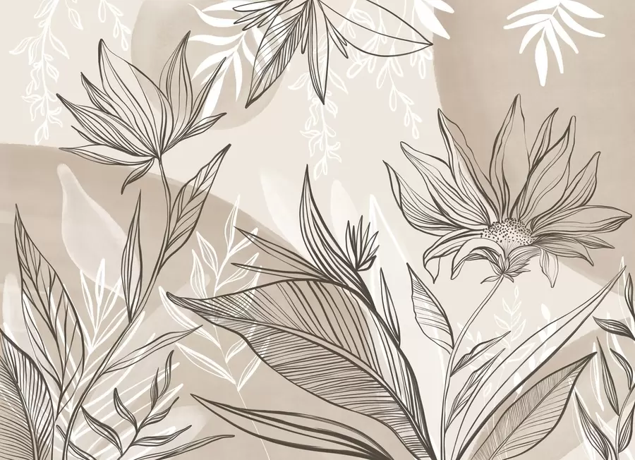 wall murals Floral line art with large leaves and flowers, against a background of beige watercolor washes  w08865v1