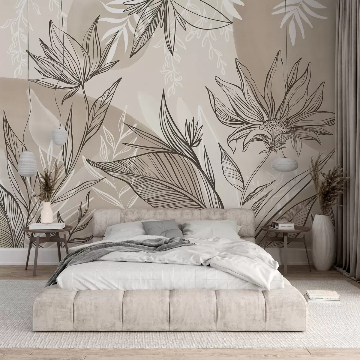 wall murals Floral line art with large leaves and flowers, against a background of beige watercolor washes  w08865v1