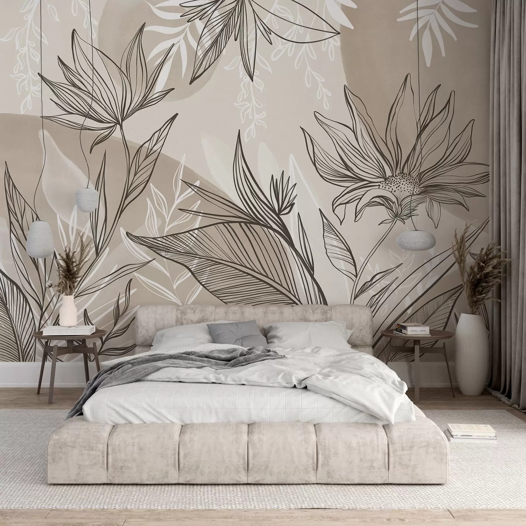 wall murals Floral line art with large leaves and flowers, against a background of beige watercolor washes  w08865v1