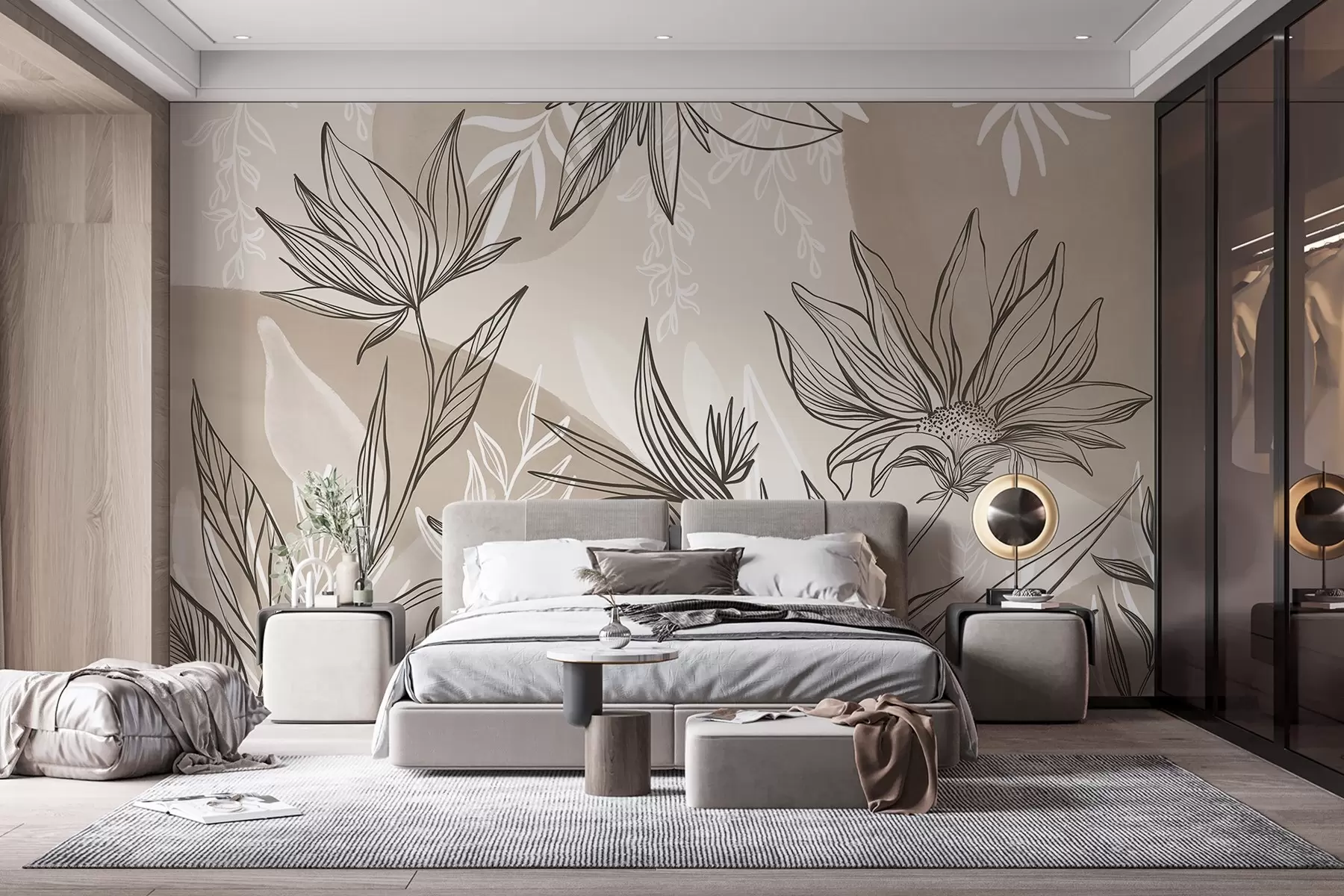wall murals Floral line art with large leaves and flowers, against a background of beige watercolor washes  w08865v1
