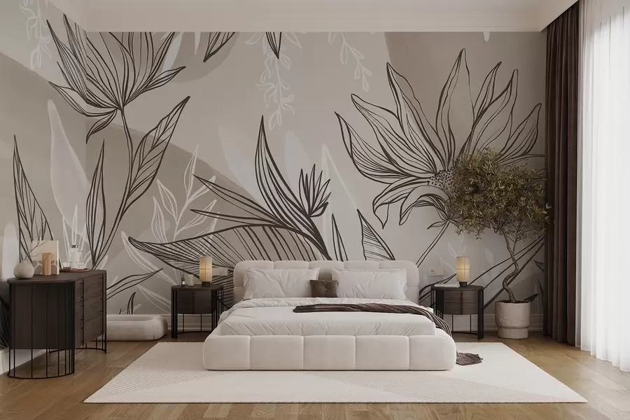 wall murals Floral line art with large leaves and flowers, against a background of beige watercolor washes  w08865v1