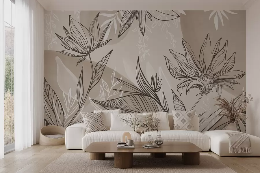 wall murals Floral line art with large leaves and flowers, against a background of beige watercolor washes  w08865v1