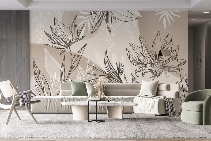 wall murals Floral line art with large leaves and flowers, against a background of beige watercolor washes  w08865v1
