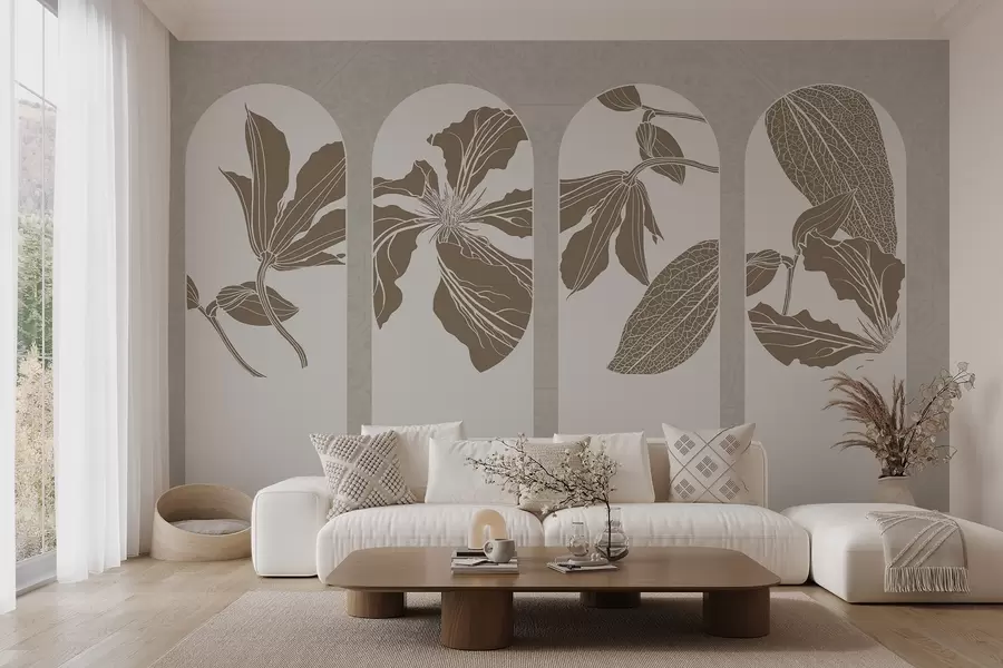 wall murals Elegant arches with floral designs in beige and white, against a textured beige background, minimalist style w08866