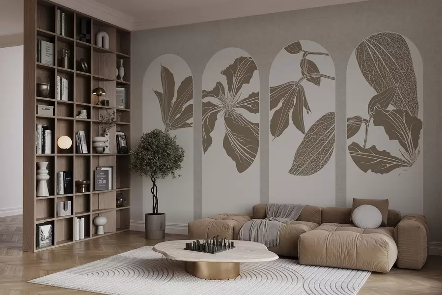 wall murals Elegant arches with floral designs in beige and white, against a textured beige background, minimalist style w08866