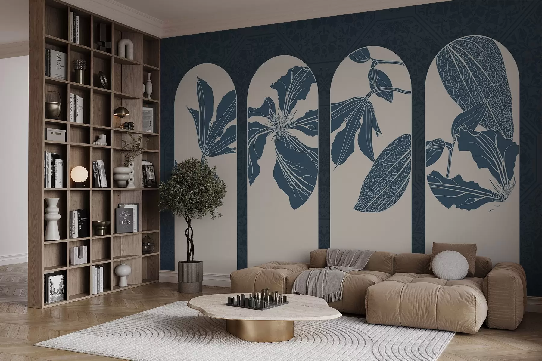wall murals Elegant arches with floral designs in dark blue and white, against a textured beige background, minimalist style w08866v1