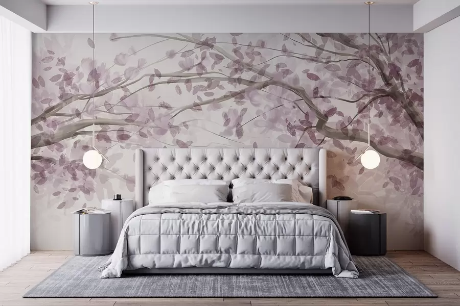 wall murals Blossom branches with pink leaves, soft colors, delicate details, watercolor style, against a light background w08867
