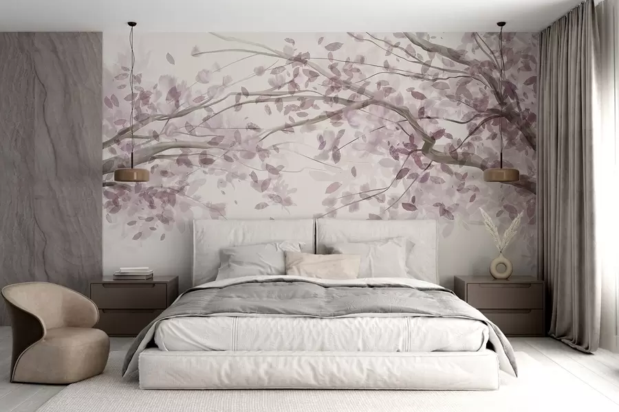 wall murals Blossom branches with pink leaves, soft colors, delicate details, watercolor style, against a light background w08867