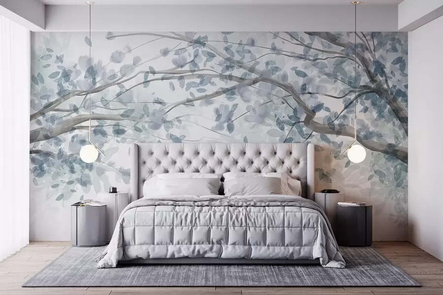 wall murals Blossom branches with blue leaves, soft colors, delicate details, watercolor style, against a light background w08867v2