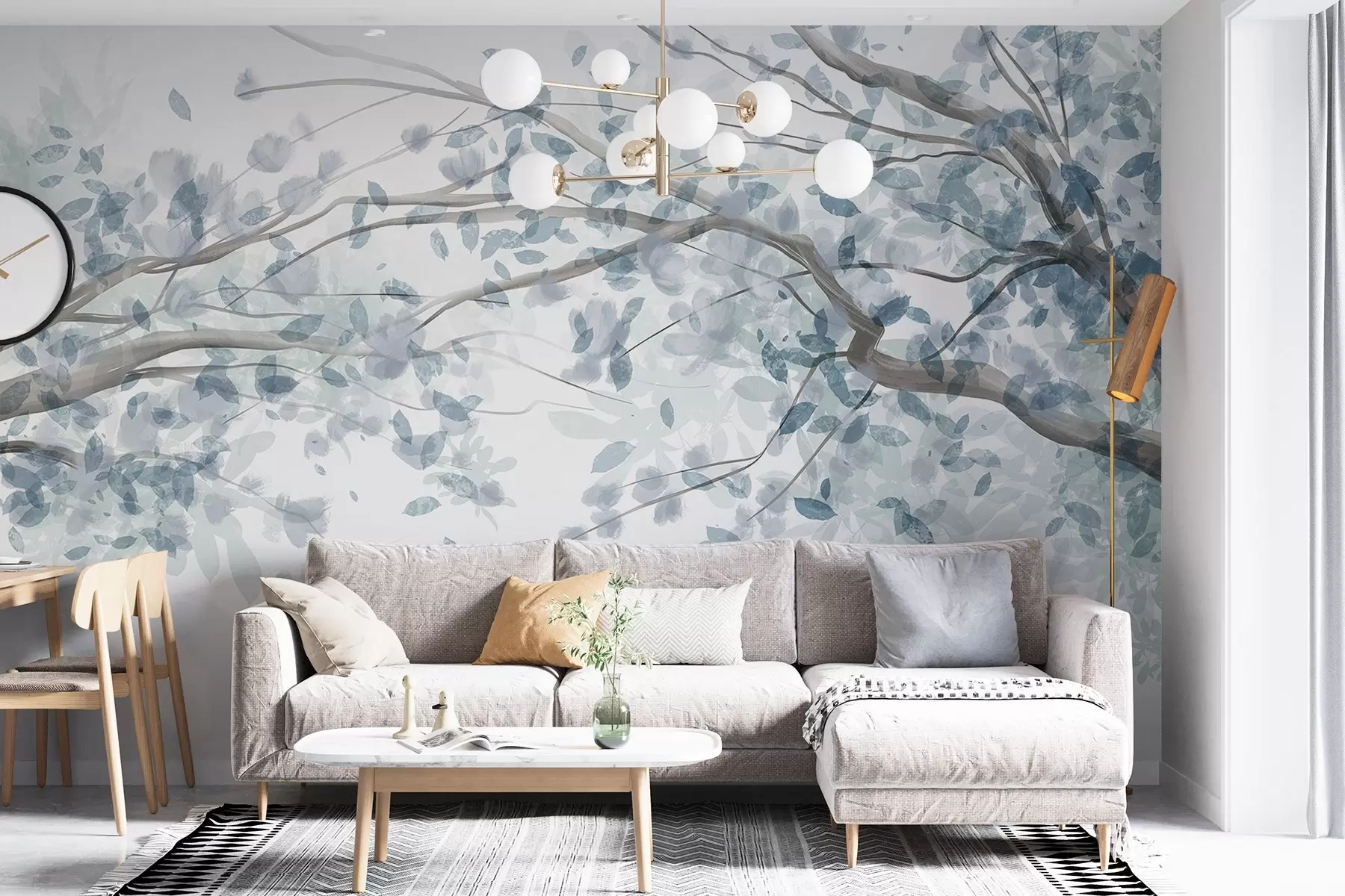 wall murals Blossom branches with blue leaves, soft colors, delicate details, watercolor style, against a light background w08867v2