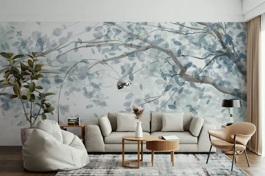 wall murals Blossom branches with blue leaves, soft colors, delicate details, watercolor style, against a light background w08867v2