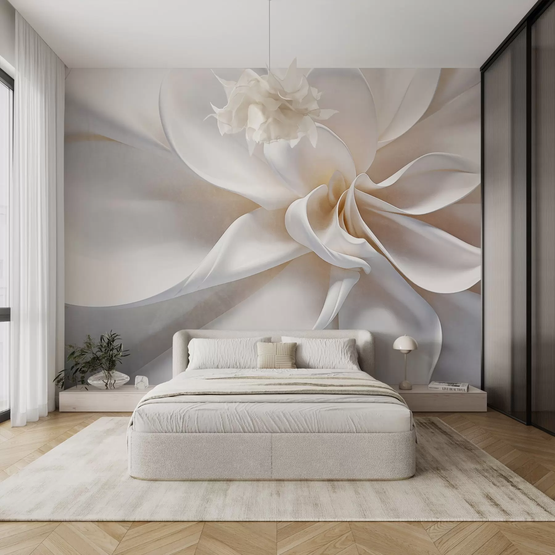 wall murals A white pastel textured minimalistic flower with soft petals, light and airy, on a white background w08868