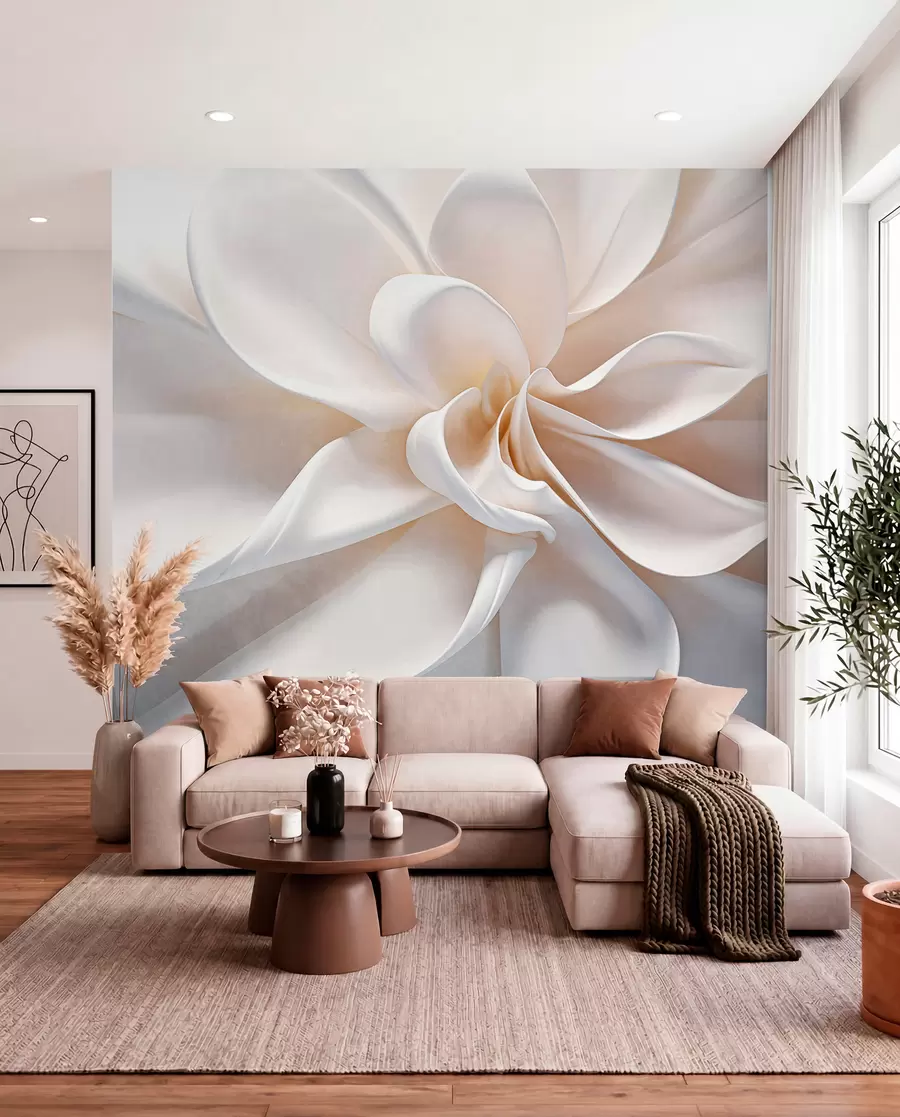 wall murals A white pastel textured minimalistic flower with soft petals, light and airy, on a white background w08868
