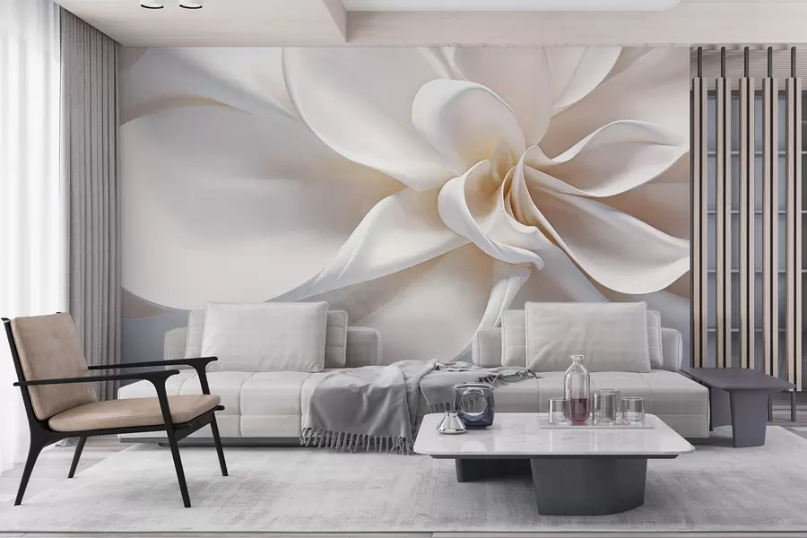 wall murals A white pastel textured minimalistic flower with soft petals, light and airy, on a white background w08868