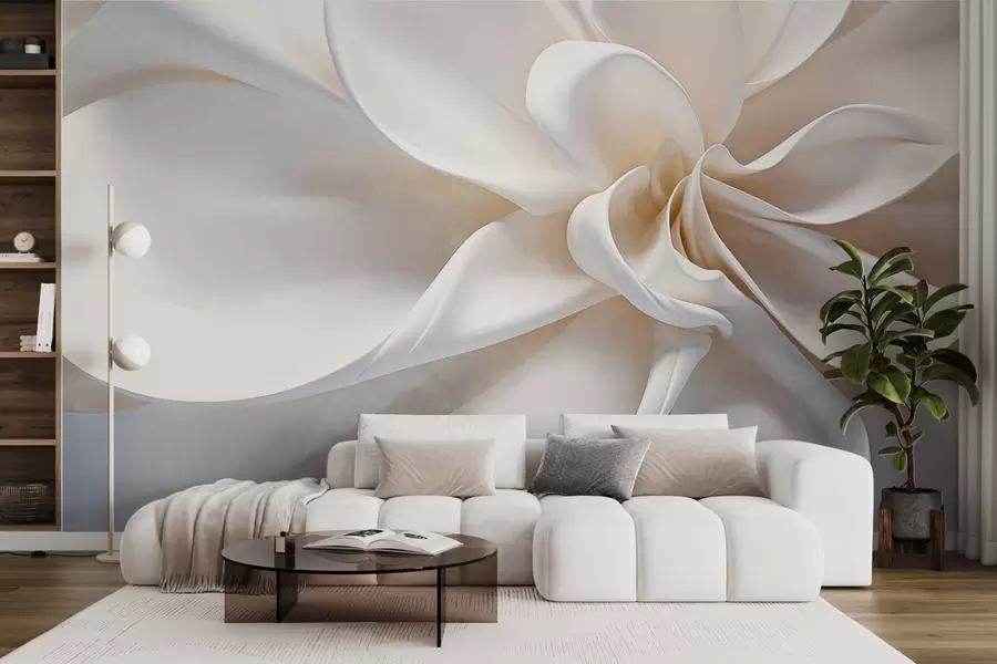 wall murals A white pastel textured minimalistic flower with soft petals, light and airy, on a white background w08868