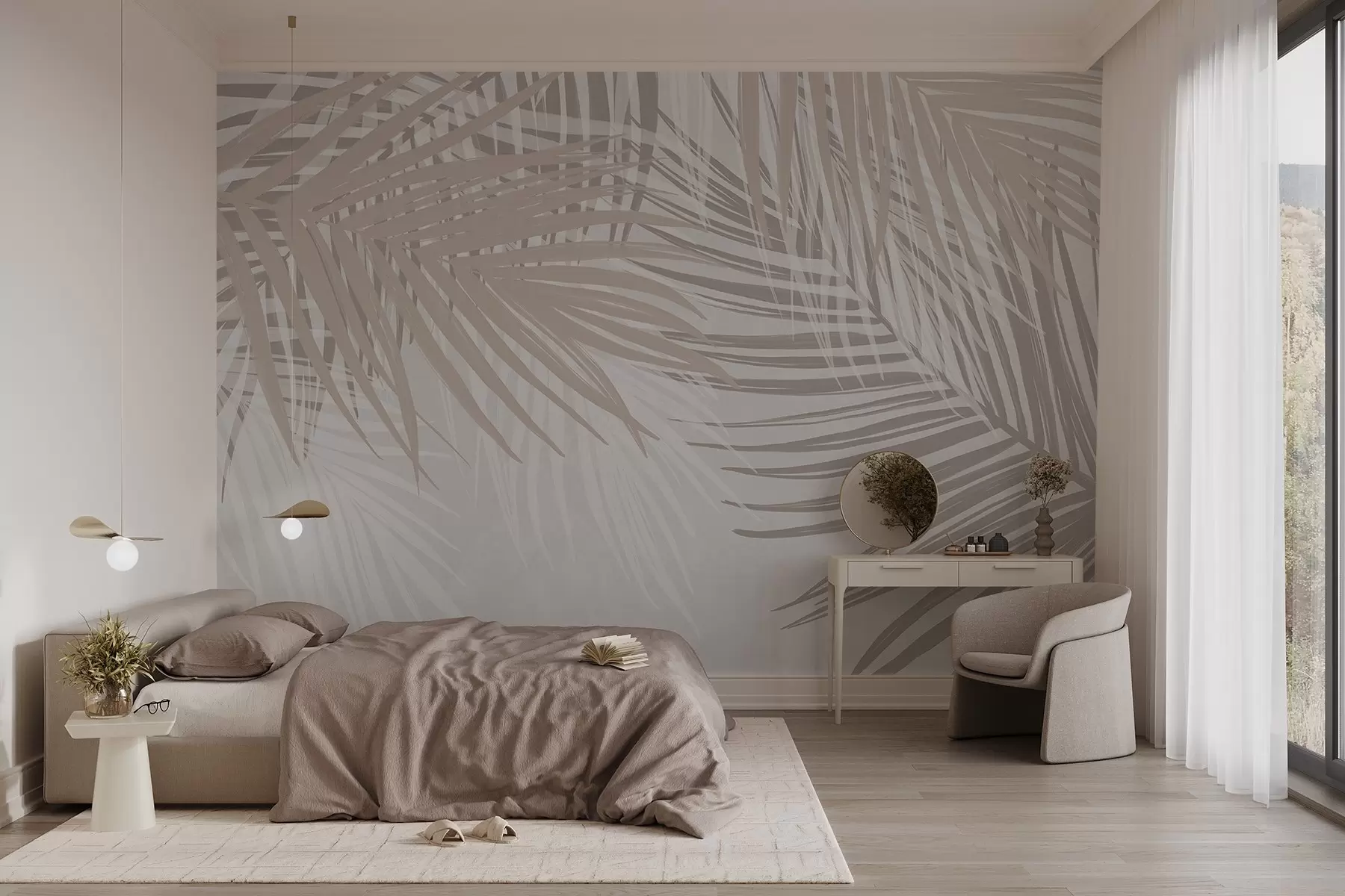 wall murals Palm leaves in light beige and white tones, tropical foliage, soft pastel colors, minimalist design w08869