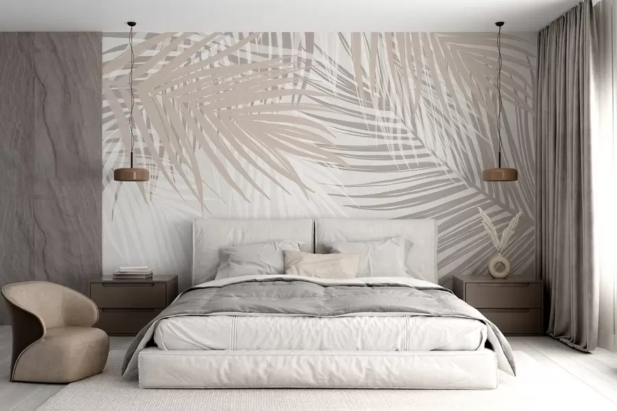 wall murals Palm leaves in light beige and white tones, tropical foliage, soft pastel colors, minimalist design w08869