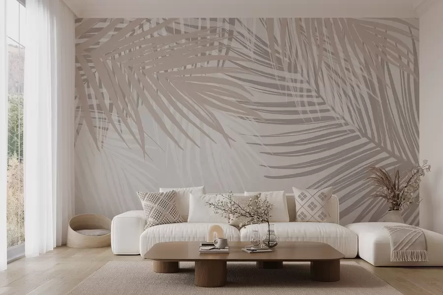 wall murals Palm leaves in light beige and white tones, tropical foliage, soft pastel colors, minimalist design w08869