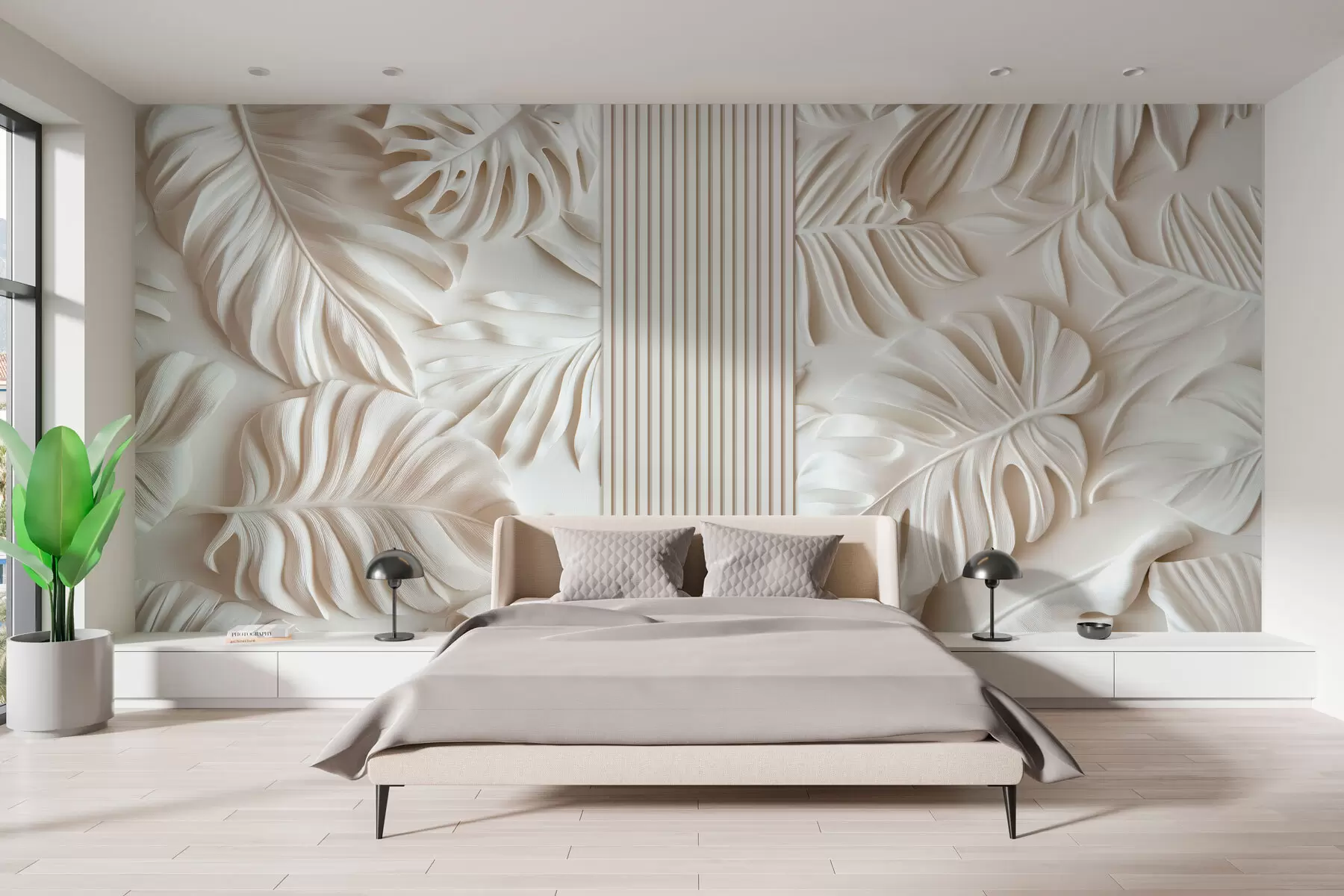 wall murals large tropical leaves imitation of bas-relief and panels in light colors w03119