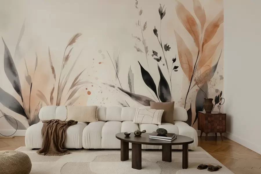 wall murals watercolor leaves in free technique in earthy colors w03120