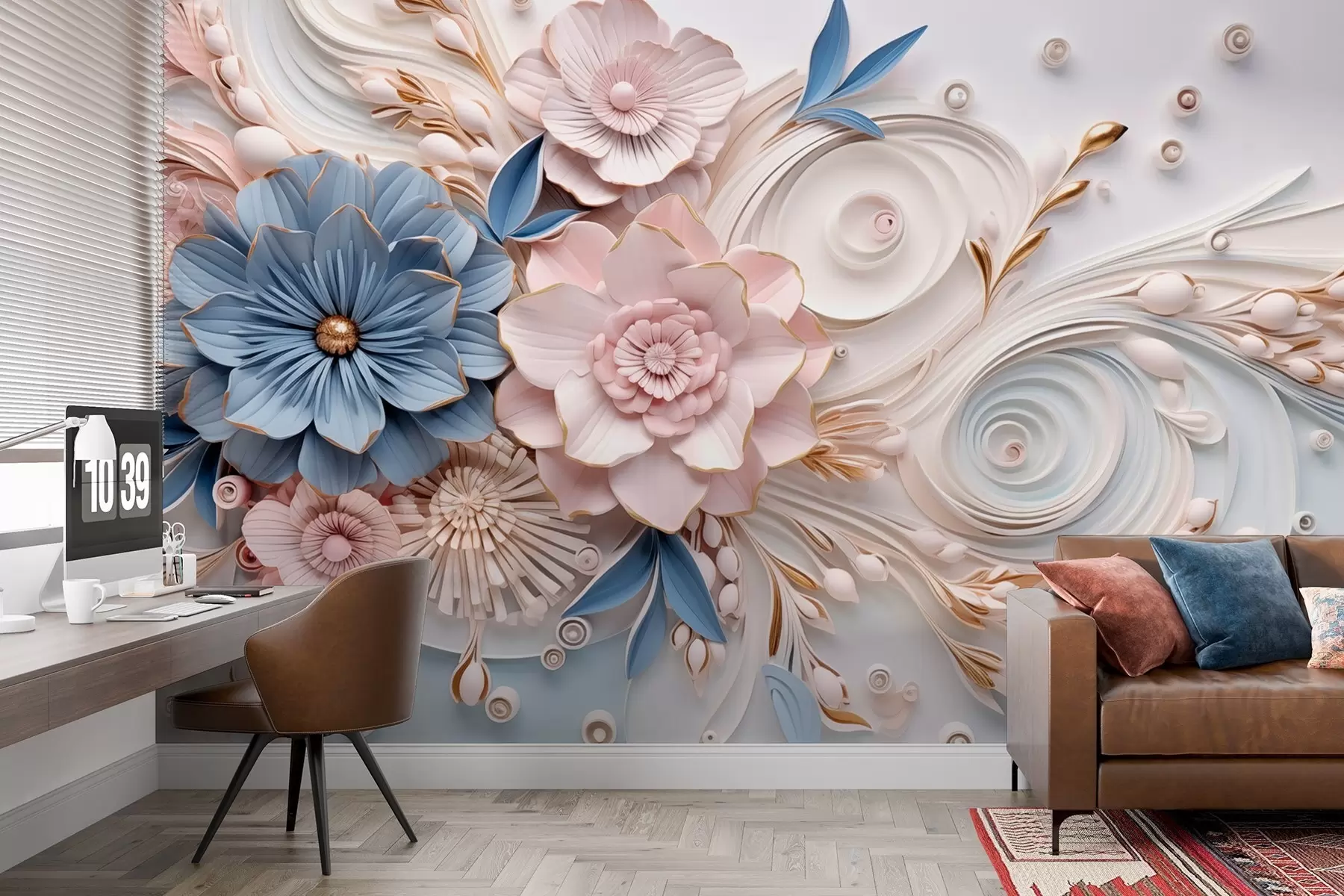 wall murals A delicate floral composition in pink and blue tones with a soft relief background w08847