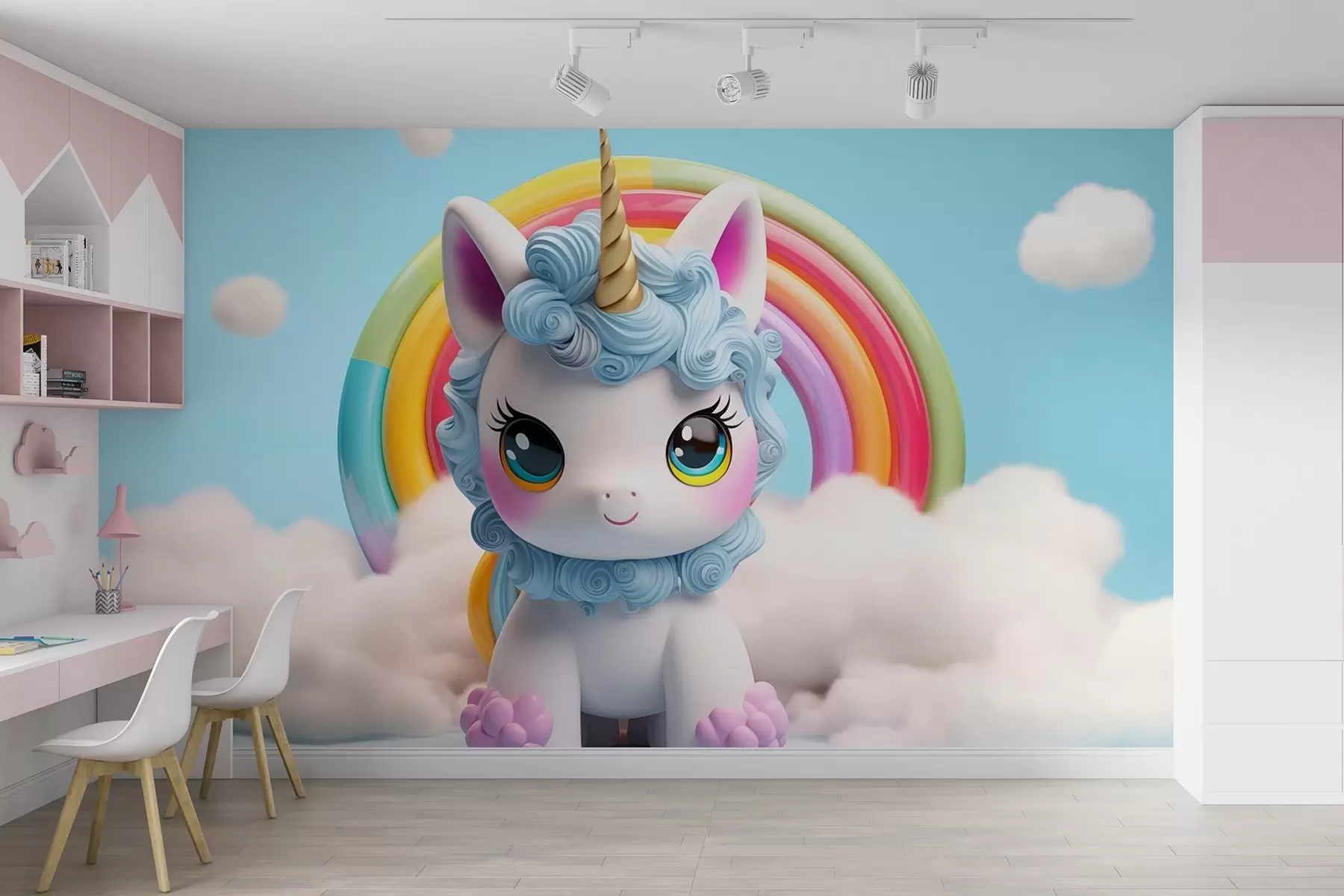 wall murals A 3D cute unicorn surrounded by clouds and a rainbow w08848