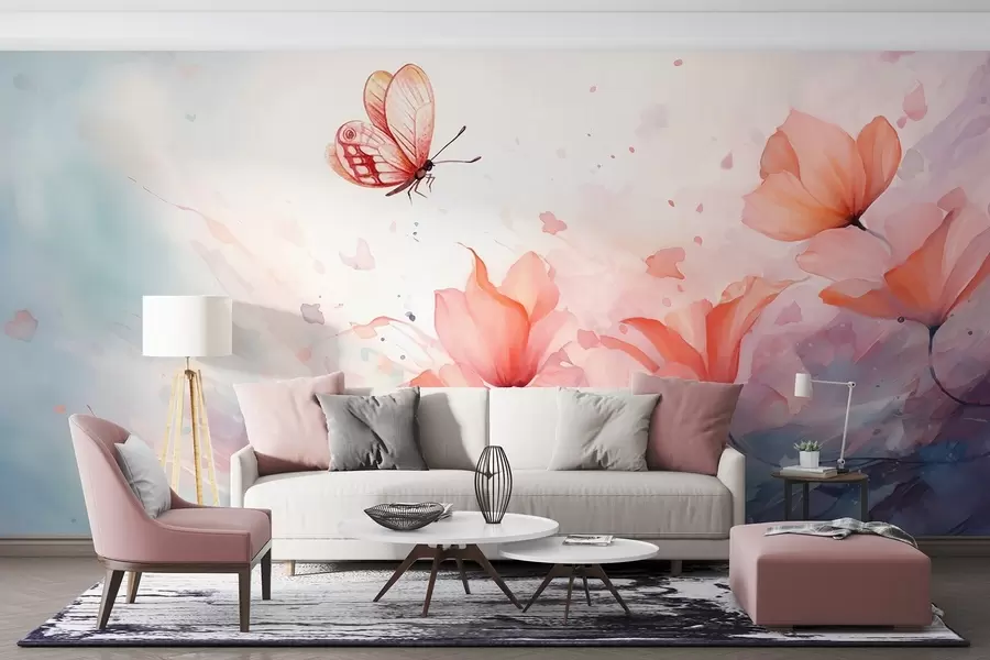 wall murals Delicate poppies with a butterfly in a watercolor style w08849