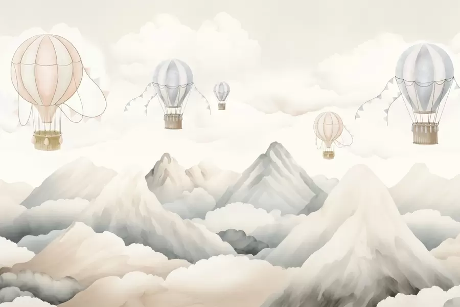 wall murals Hot air balloons floating above mountains in neutral, soft pastel tones w08853