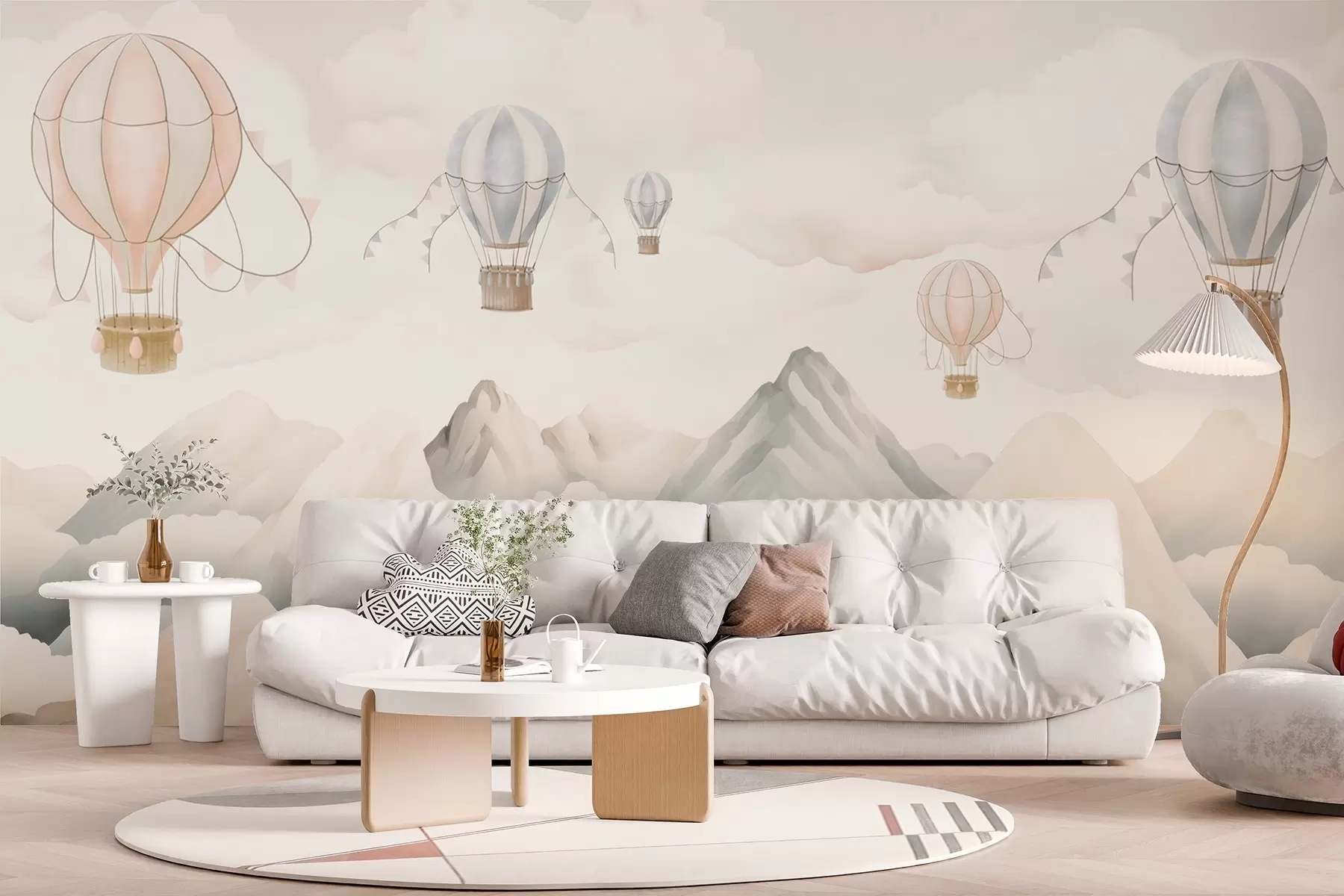 wall murals Hot air balloons floating above mountains in neutral, soft pastel tones w08853
