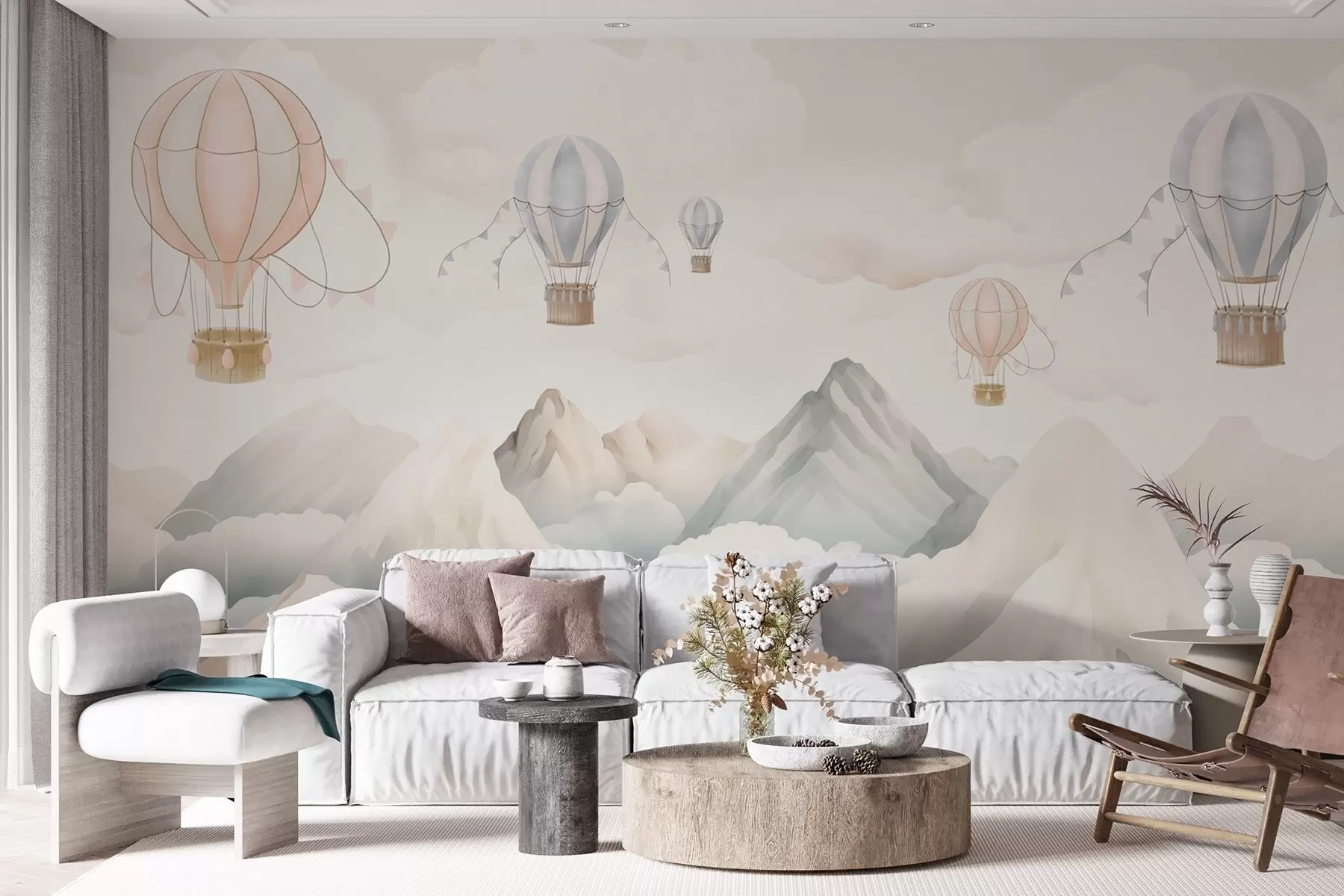 wall murals Hot air balloons floating above mountains in neutral, soft pastel tones w08853