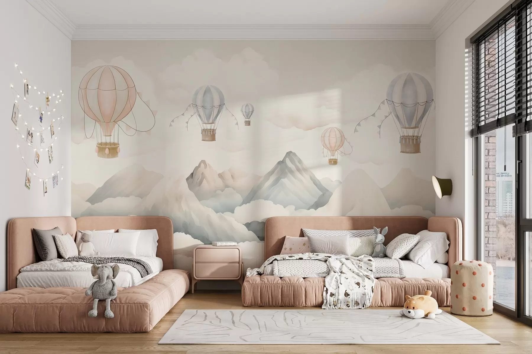 wall murals Hot air balloons floating above mountains in neutral, soft pastel tones w08853