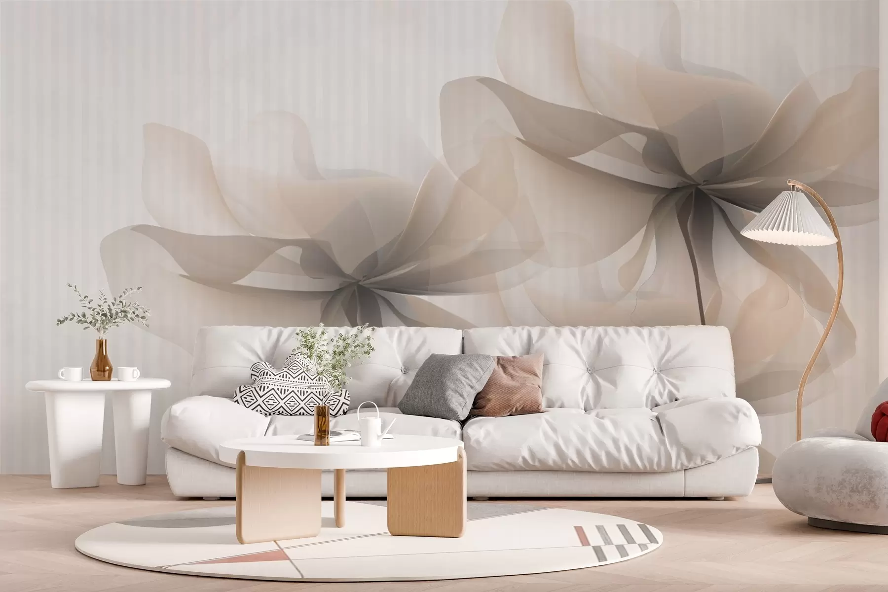 wall murals Translucent beige flowers on striped background w03299