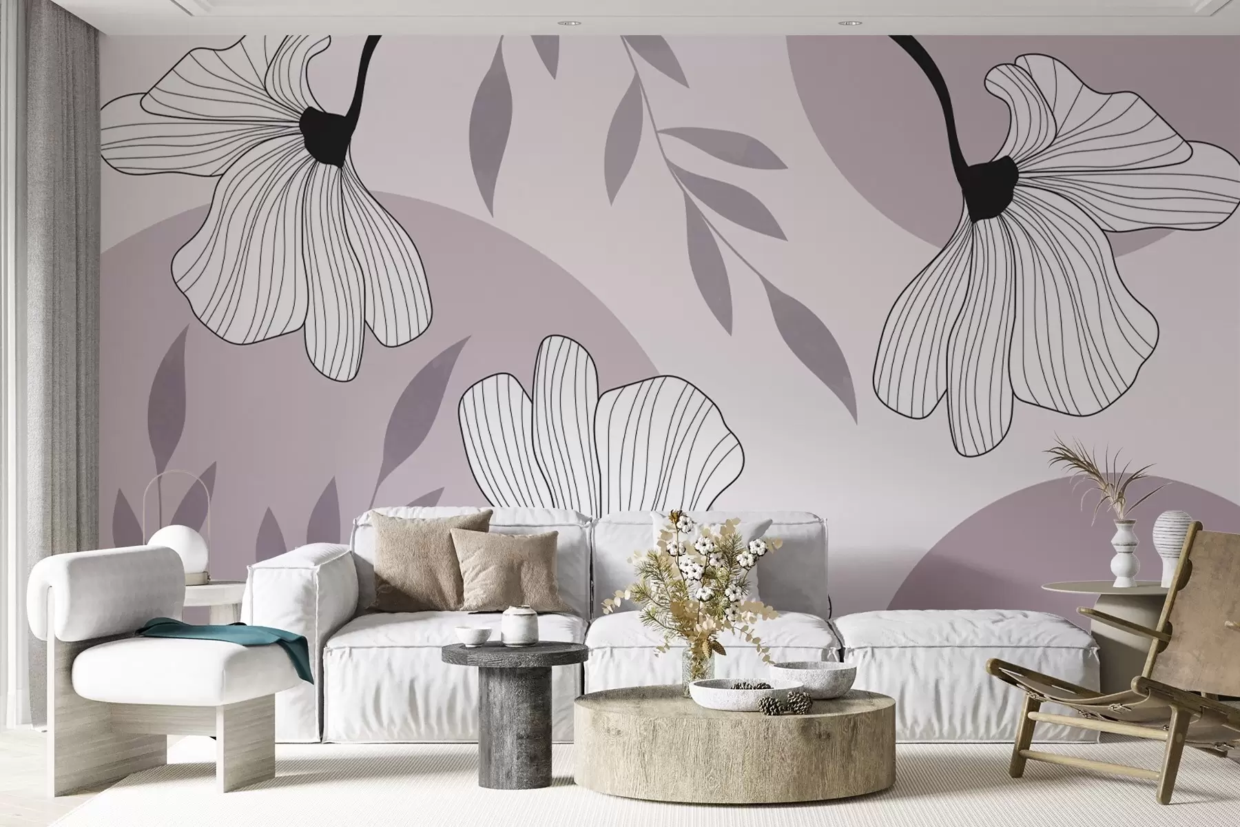 wall murals Abstraction with flowers and leaves in pink tones w03328v2