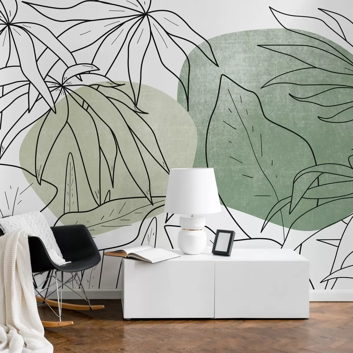 wall murals Plants in lines on a background of spots, shades of green w03278v2