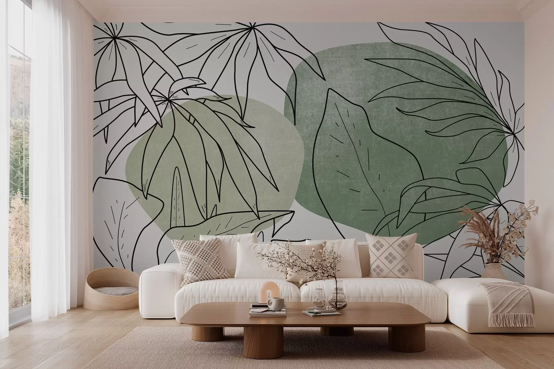 wall murals Plants in lines on a background of spots, shades of green w03278v2