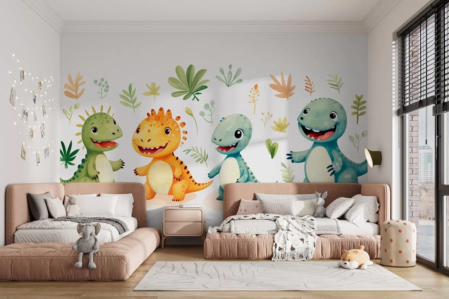 wall murals Cute dinosaurs and plants in a watercolor style w08874