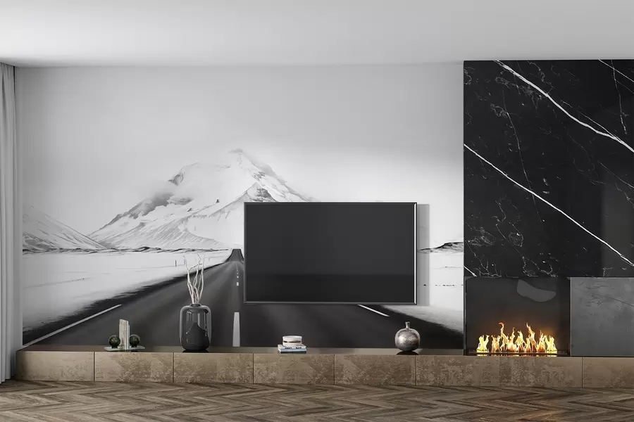 wall murals A black and white landscape with a road leading to the mountains with a light mist w08876