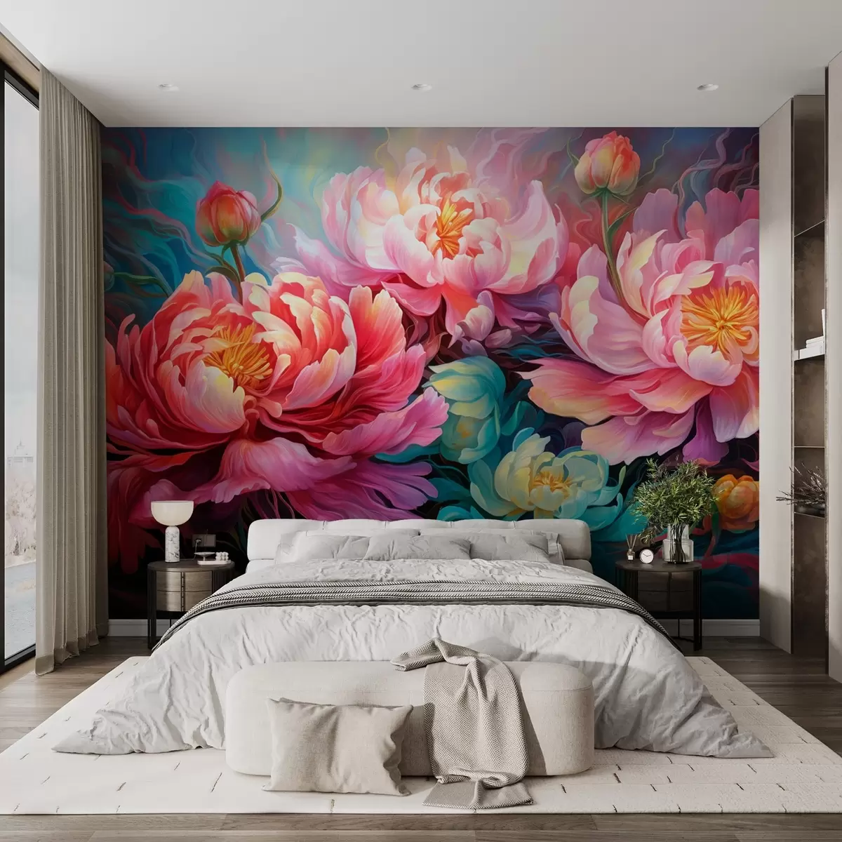 wall murals Fairy-tale pink peonies in a brushstroke style w08879