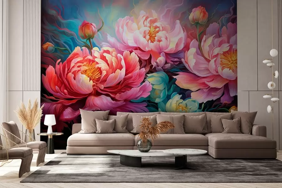 wall murals Fairy-tale pink peonies in a brushstroke style w08879