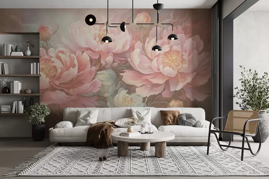 wall murals Fairy-tale peonies in a brushstroke style in warm tones w08879v2