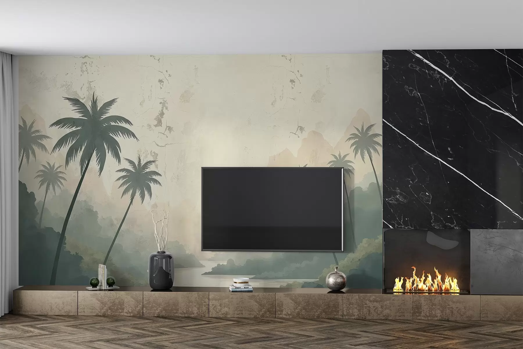 wall murals Palm trees on an old grunge wall w03335