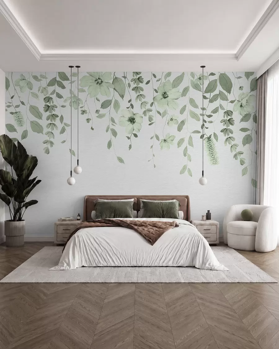 wall murals Hanging watercolor flowers and leaves w03315v2
