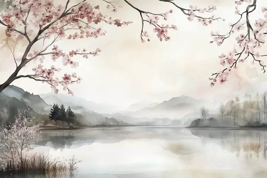 wall murals calm watercolor landscape with a lake and a flowering tree w03282