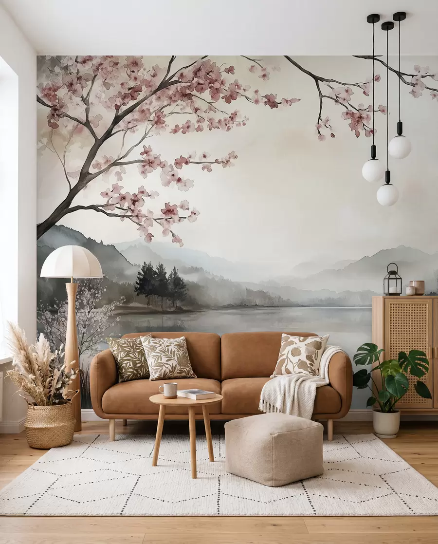 wall murals calm watercolor landscape with a lake and a flowering tree w03282