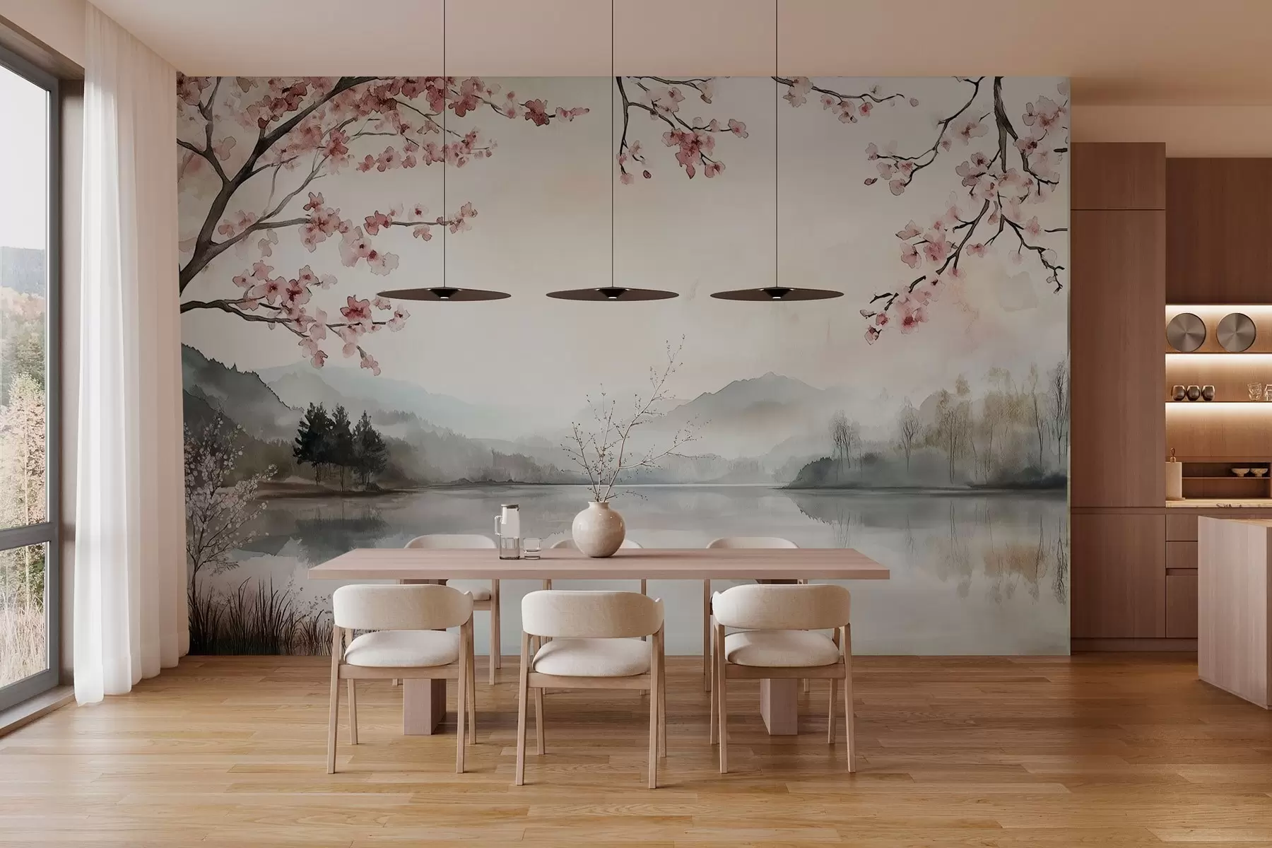 wall murals calm watercolor landscape with a lake and a flowering tree w03282