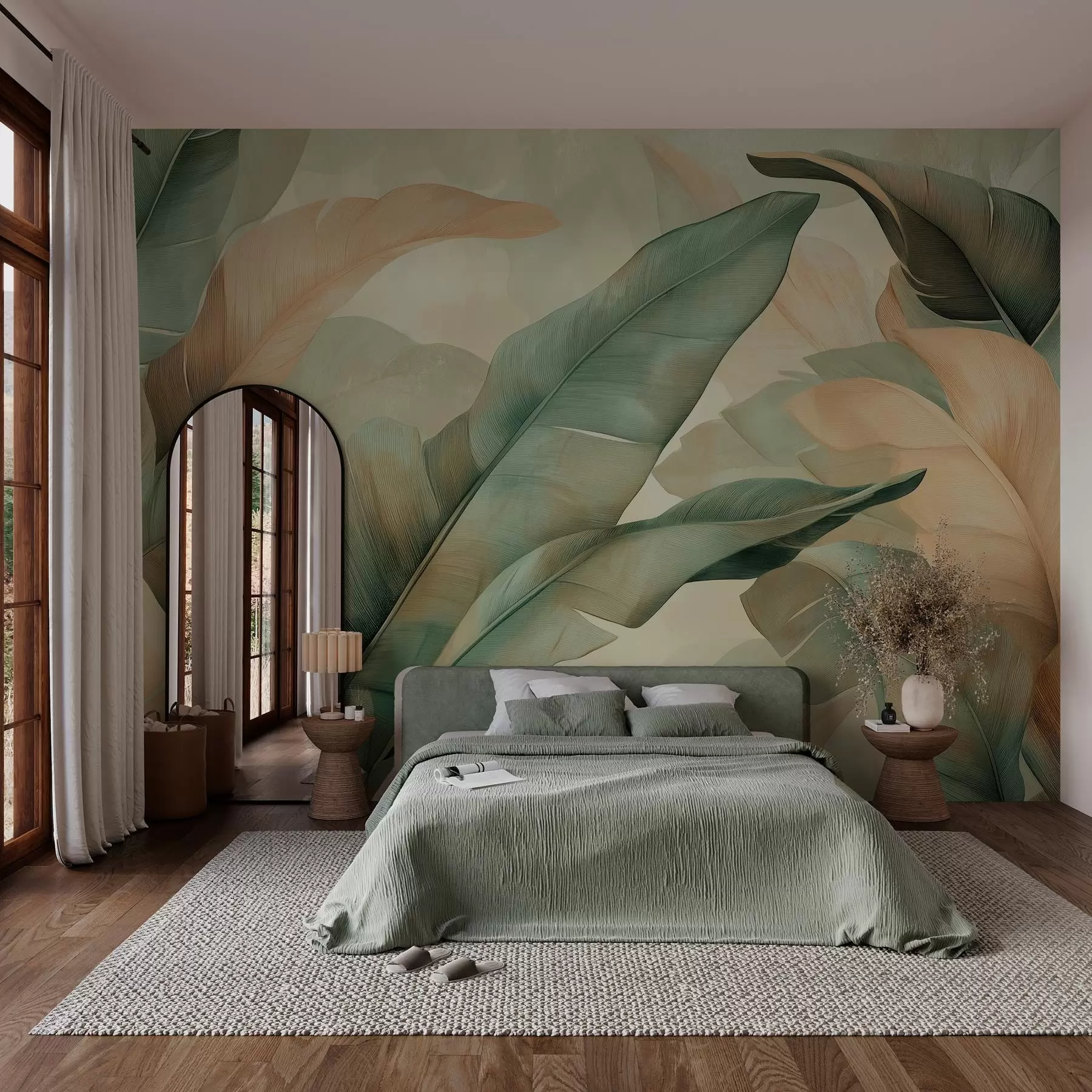 wall murals large tropical foliage in green and peach shades w03286